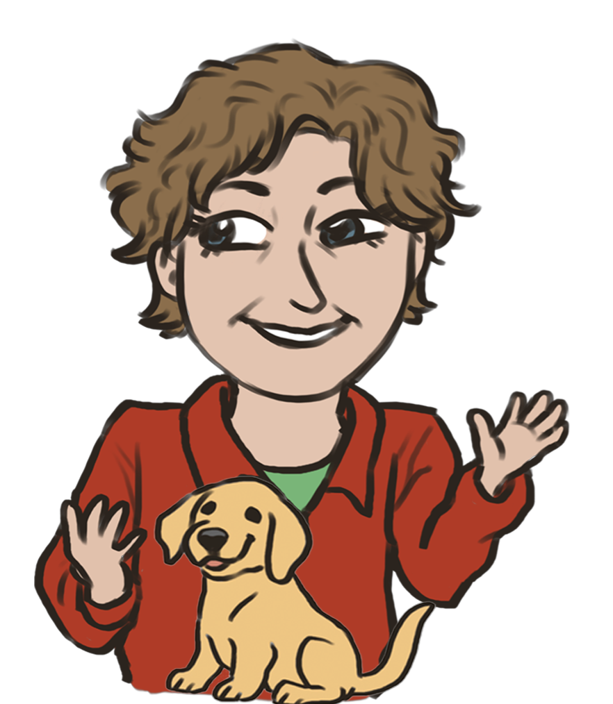 Cartoon illustration of Laura Reeves with a dog