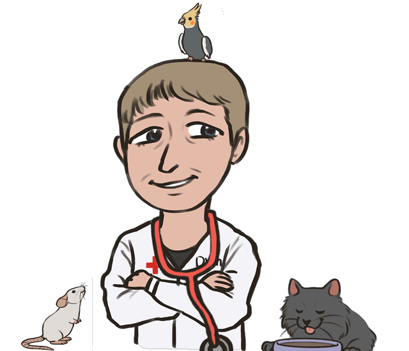 Cartoon illustration of Dr. Marty Greer with a cockatiel on her head, a cat, and a mouse